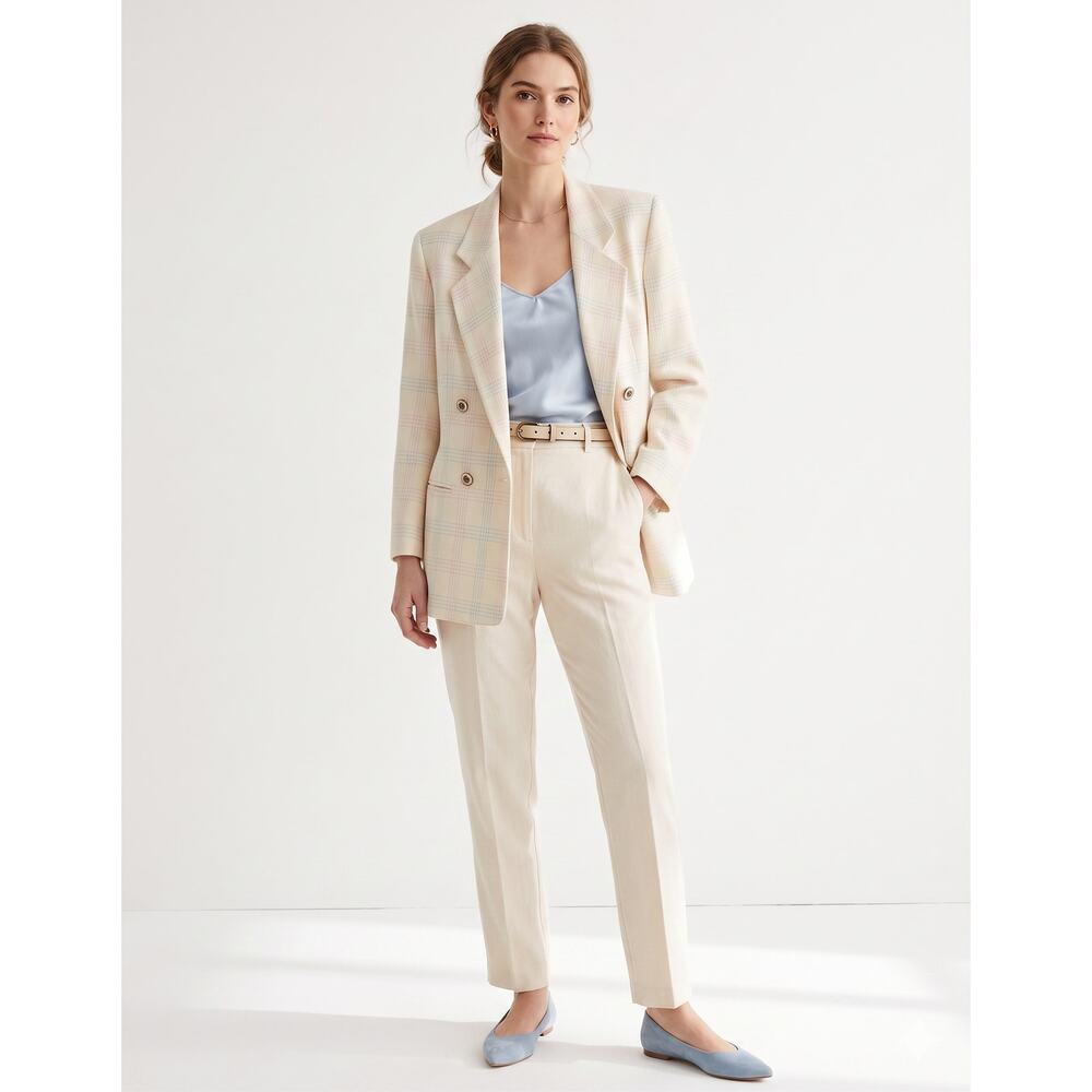 Vintage 90s Wool Blazer Cream Plaid Pink Blue Windowpane Jacket